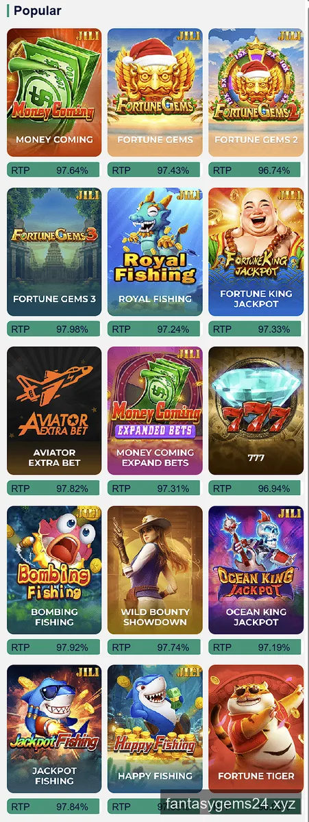 Fantasy Gems popular JILI games listing RTP percentages from 96.74 to 97.98 percent